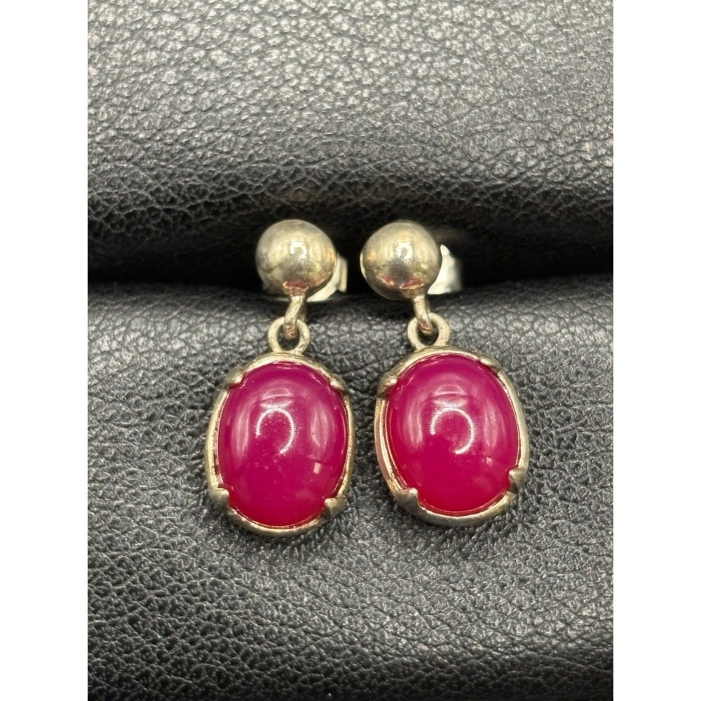 Vintage Sterling Silver Lab Ruby Cabochon Dangle Earrings 3.4 Grams H11